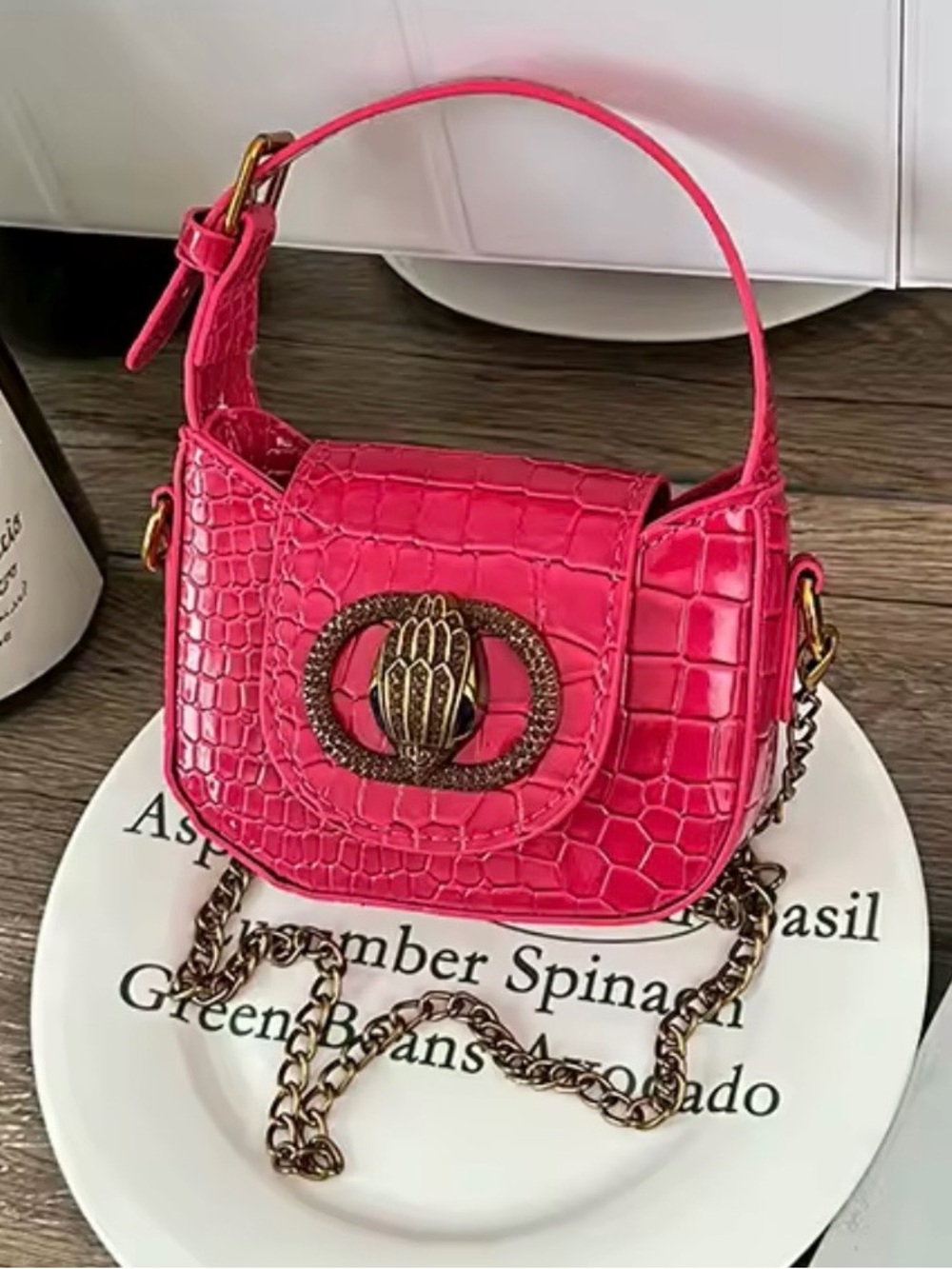 Hot Pink Croc-Embossed Mini Shoulder Bag with Gold Chain 5.5inch by 4inch - Picture 11 of 11